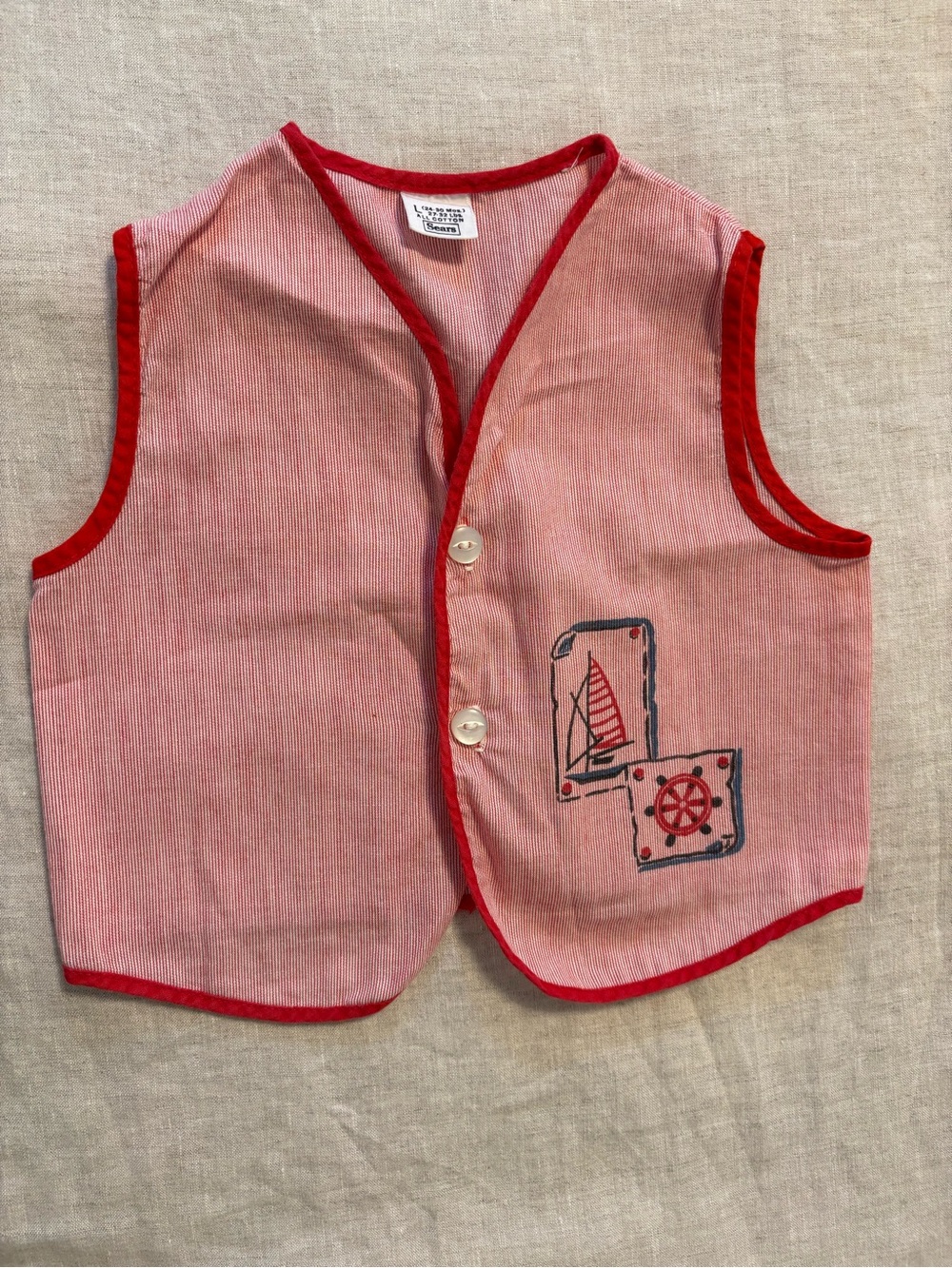 Vintage Sears Red White Stripe Nautical Vest Toddler Size L (24-30 Mos)